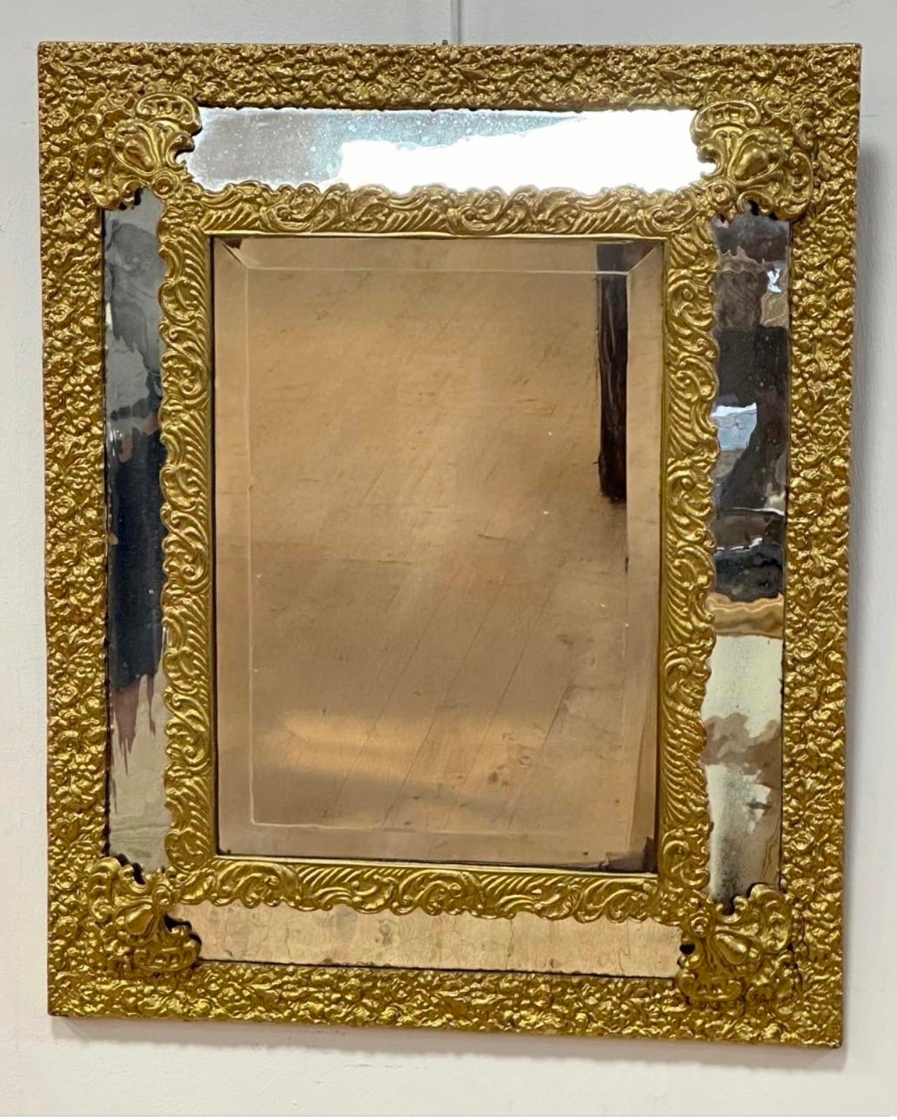 Antique Dutch Style Brass Frame Mirror Repousse