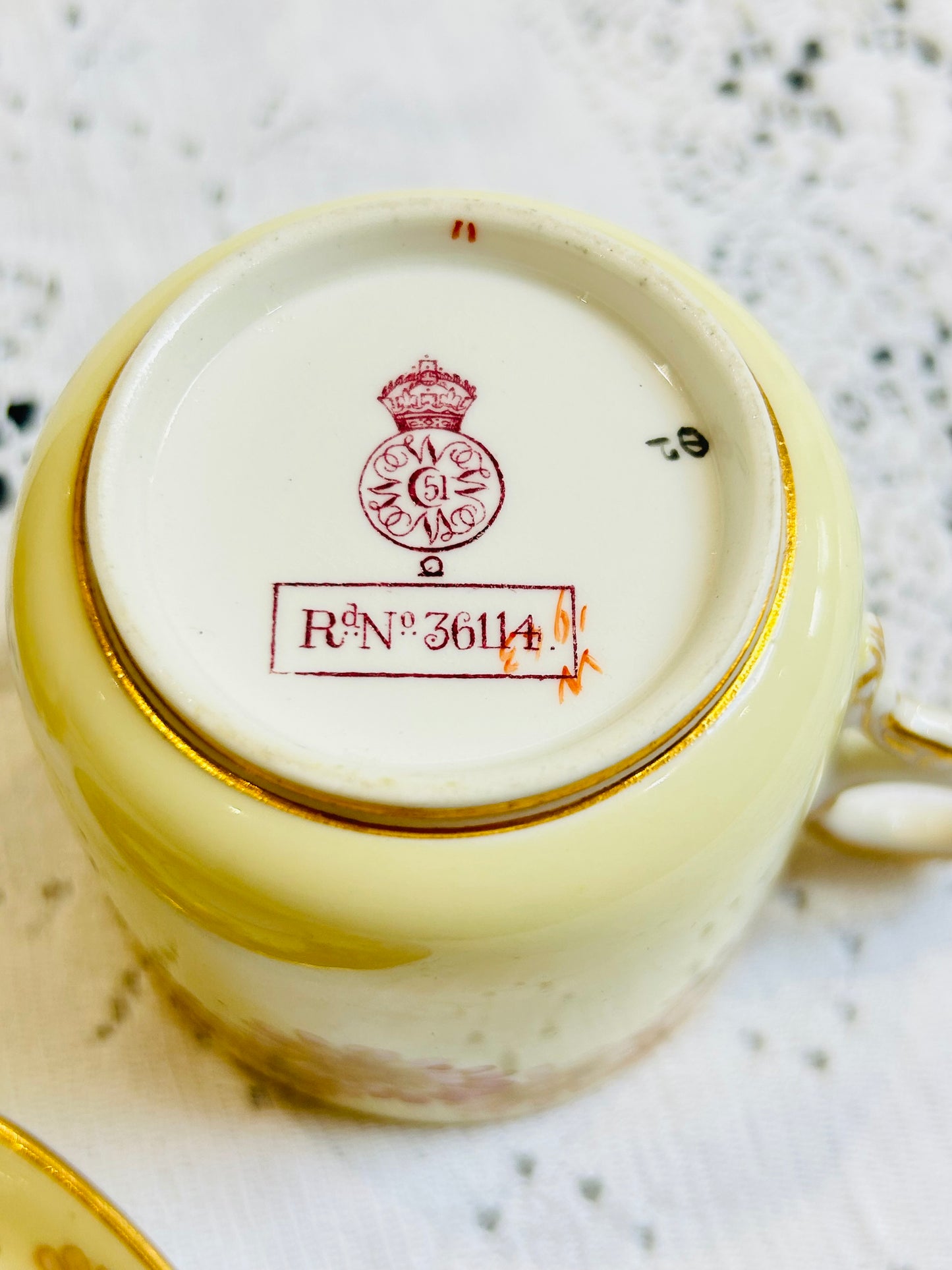 Victorian English porcelain tea trio and cake plate, attributed to Sampson Smith (Old Royal), Registered Design 36114, circa 1890.