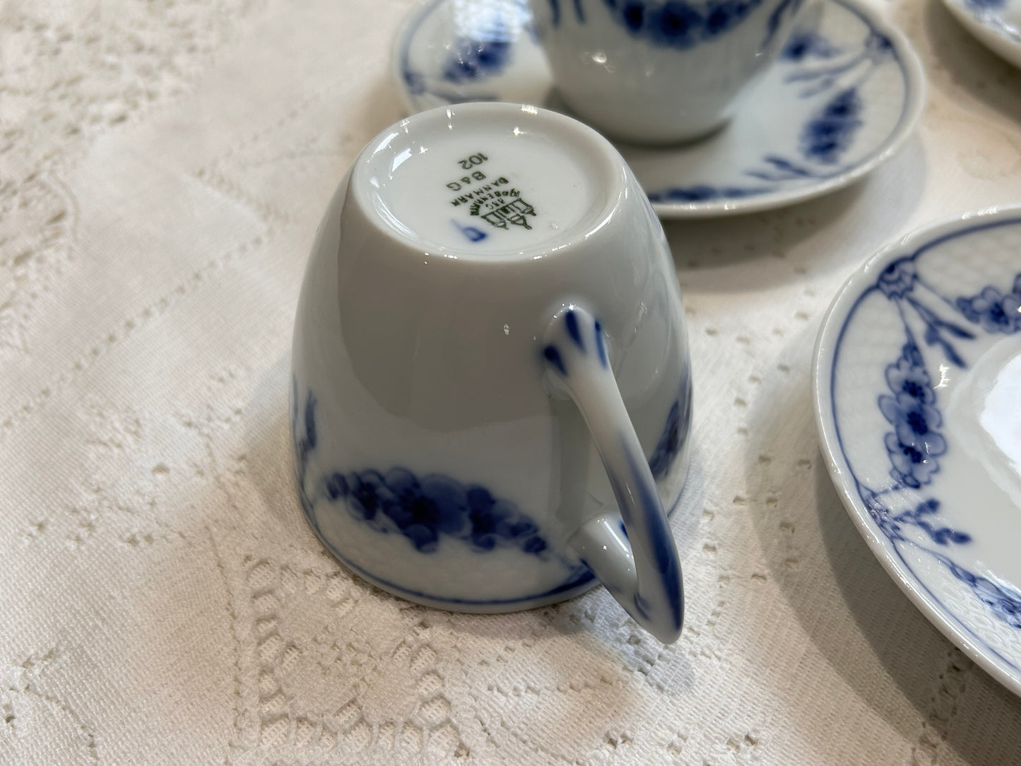 Danmark Bing Grondahl China Cups and Saucers White Blue Empire Pattern Vintage from Denmark