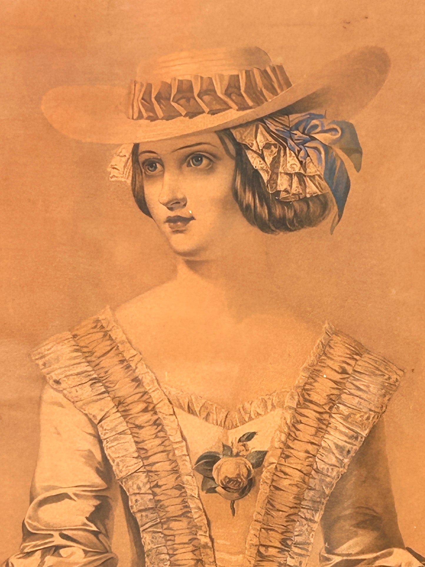 Vendu - Grande chromographie sépia encadrée victorienne d'une jeune femme intitulée « Sabbath Morning » dans un cadre en acajou - 92 x 76 cm