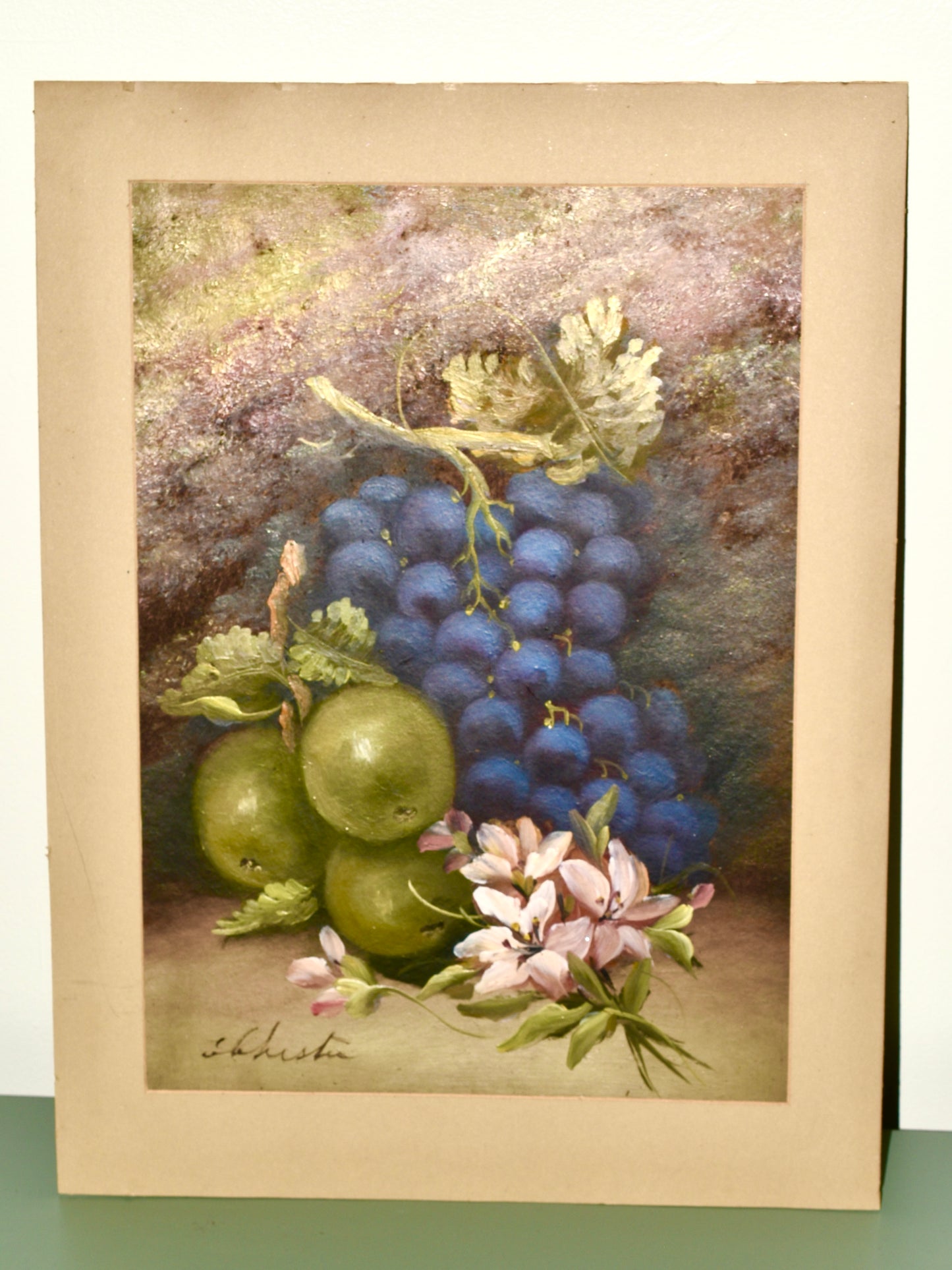 Still Life Oil Painting with Grapes, Apples and Petals” – Signed Schuster