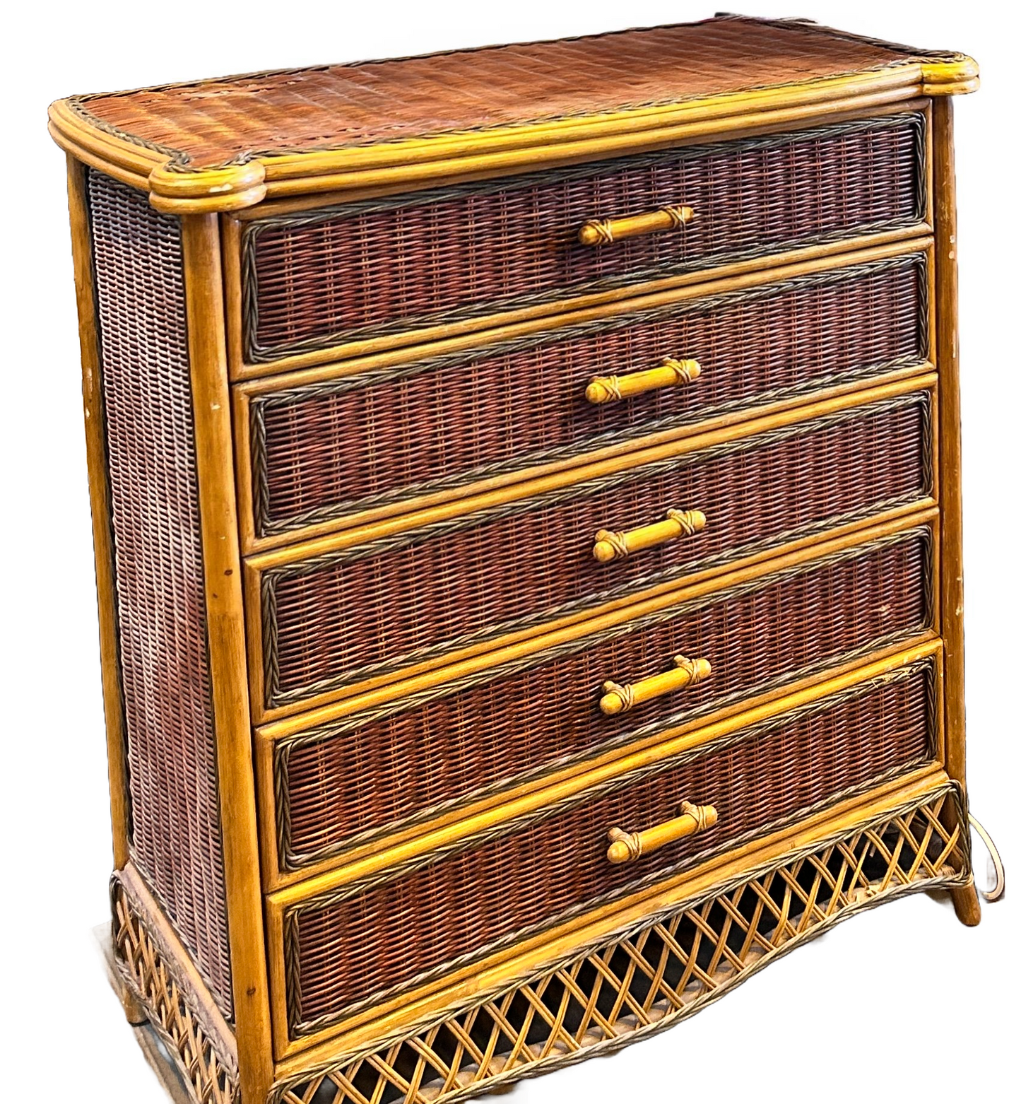 Rare Vintage Wicker Rattan Bamboo 5-Drawer Chest of Drawers - 95cm x 50cm x 107cm