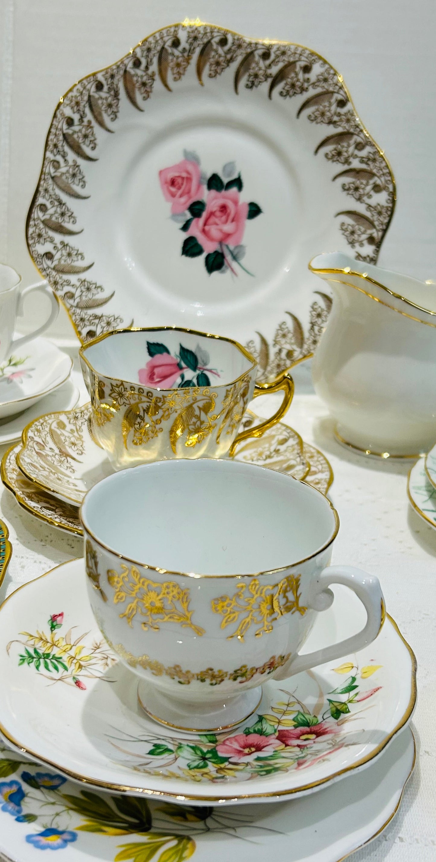 Vintage Bone China Tea Set - Mis matched Floral Teacups & Saucers