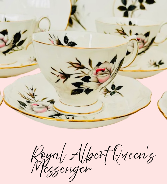 Royal Albert “Queens Messenger” Vintage Teacup & Saucer with Tea Plate - Royal Albert China “Queens Messenger” Vintage nChina tea trio set pink roses