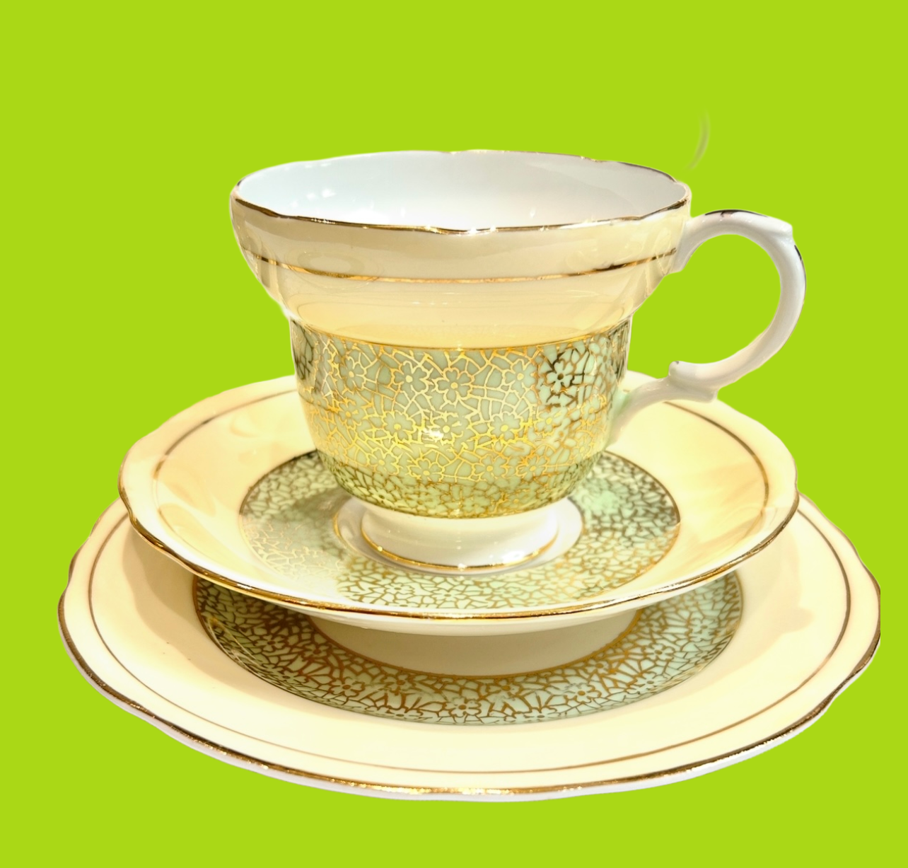 Paragon Bone China Teacup & Saucer Trio set - Green with Gold accents Vintage from England
