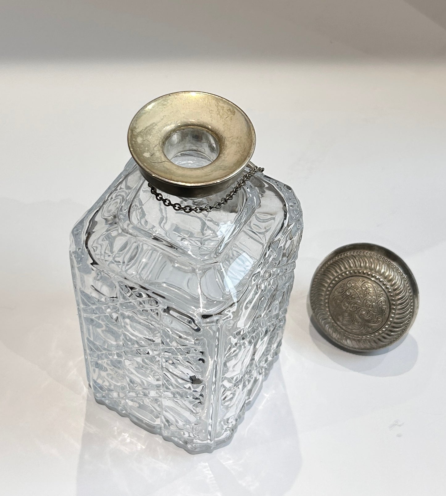 Sold - Crystal Decanter & Silver Plated Brandy Drinks Tag