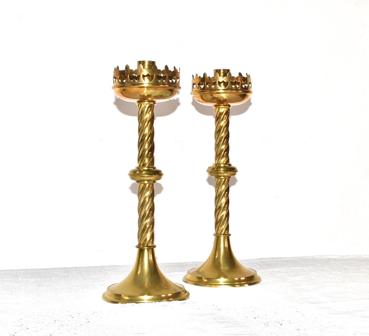 Antique Victorian Candlesticks – Gothic Revival Brass Pair – Twisted Column Heavy Base