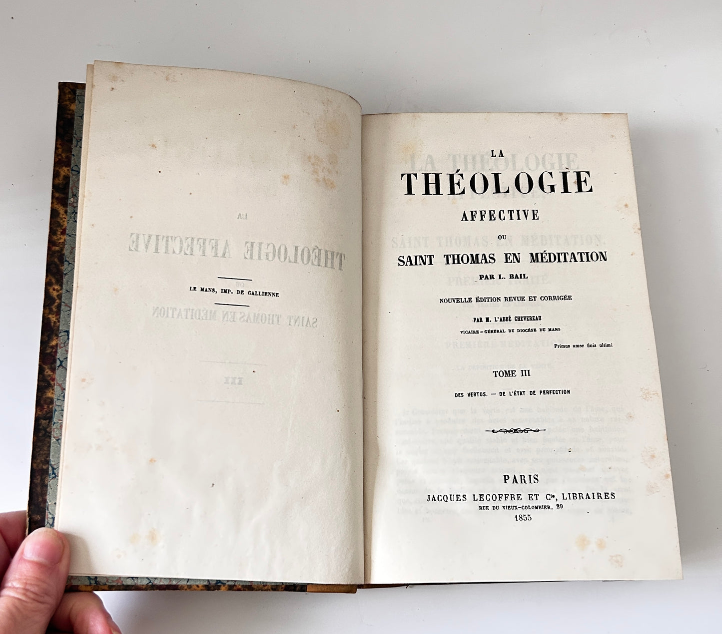 Tome III de La Théologie Affective Saint Thomas En Méditation Paris 1855 Livre Religieux Ancien L Bail Vol III