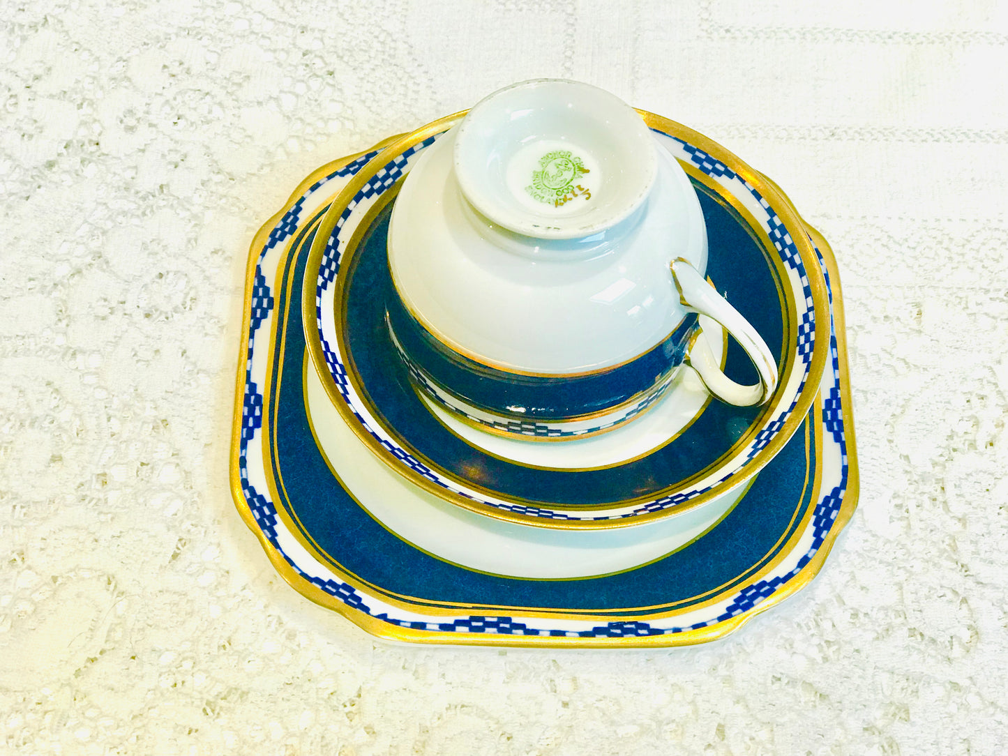 Geometric Design Blue & Gold Vintage Tea Set