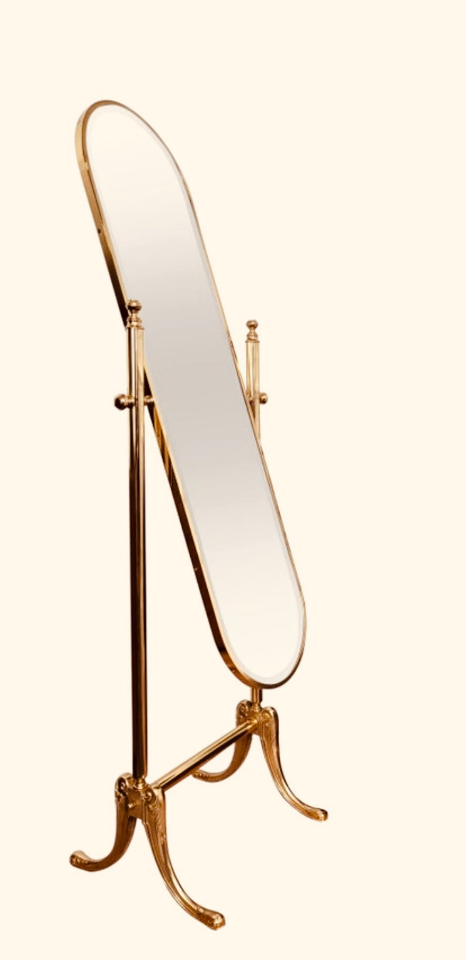 Sold - Hollywood Style Vintage Brass Floor Standing Cheval Mirror