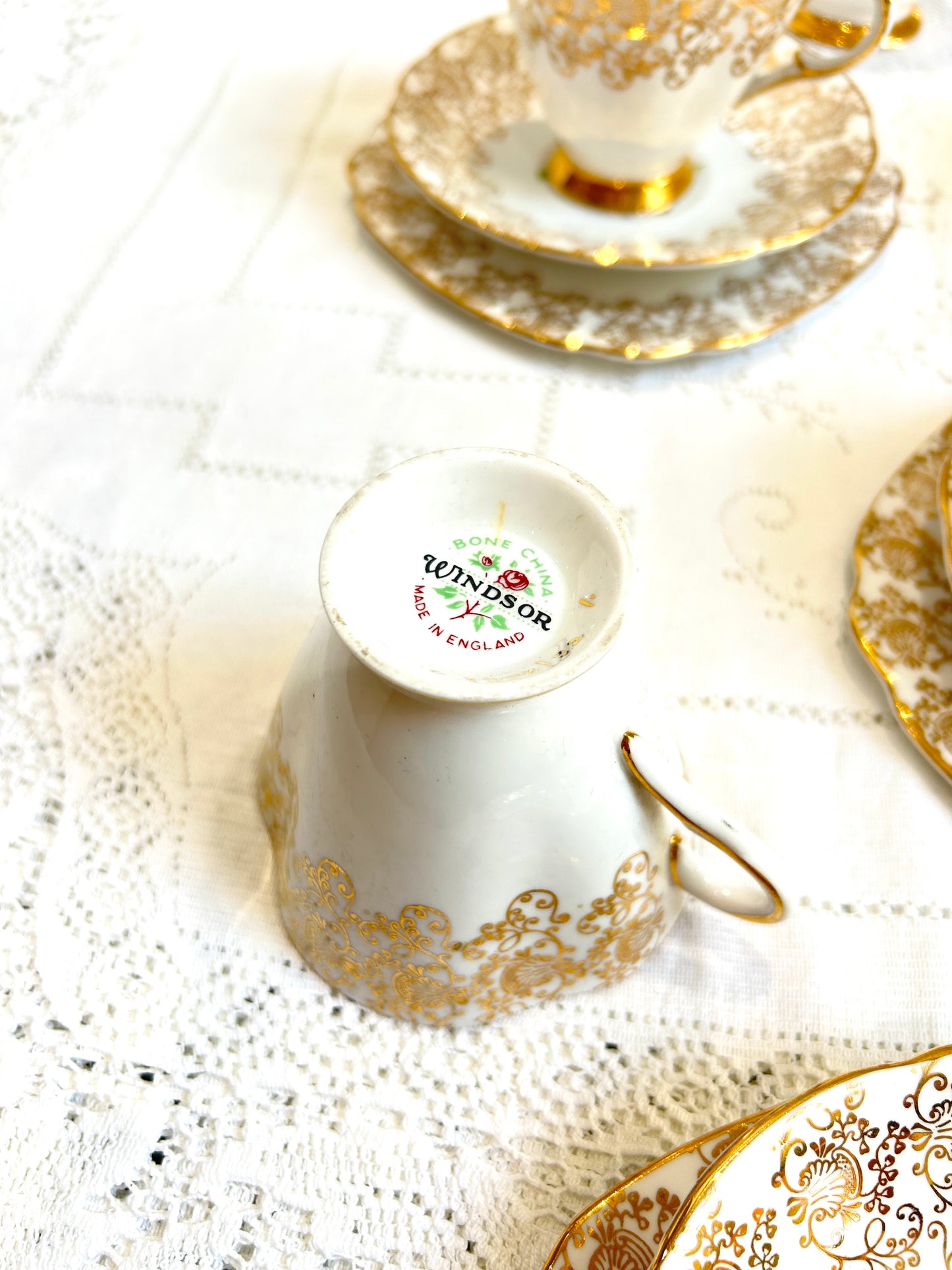 Windsor English China Pink Rose & Gold Filigree Vintage Tea Set