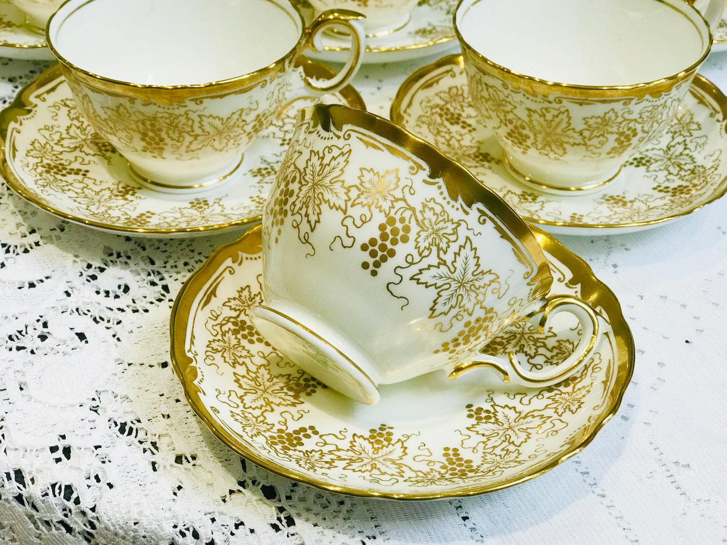 Gold Teacup & Saucer Set by Crown Staffordshire - Foilage
