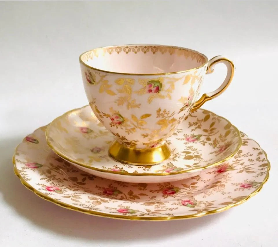 Pink Tuscan China - Gold Rose Teacup Trio /Mid Century Vintage