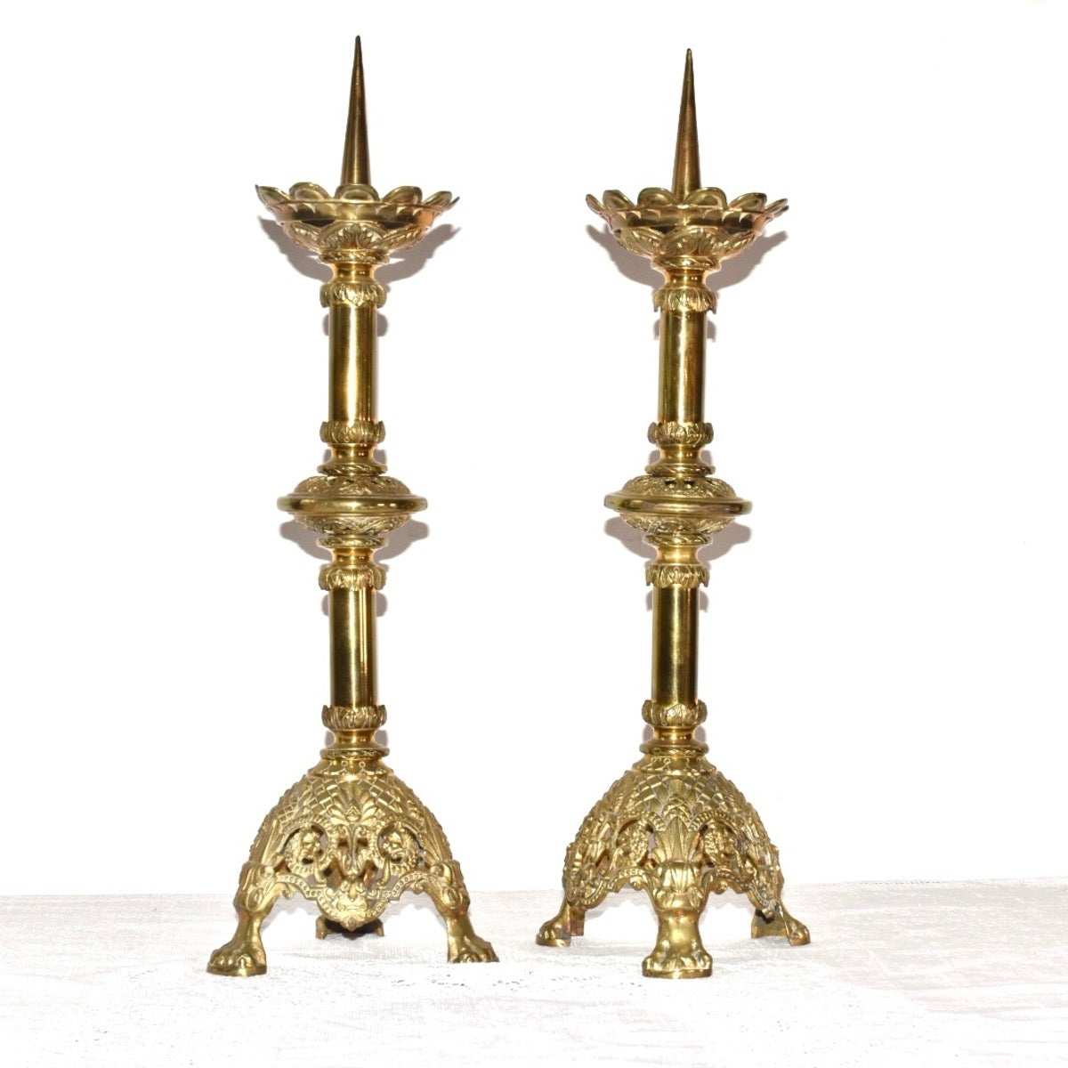 19th‑Century Gothic Brass Pricket Candlesticks – Tall Architectural Pair (45 cm)