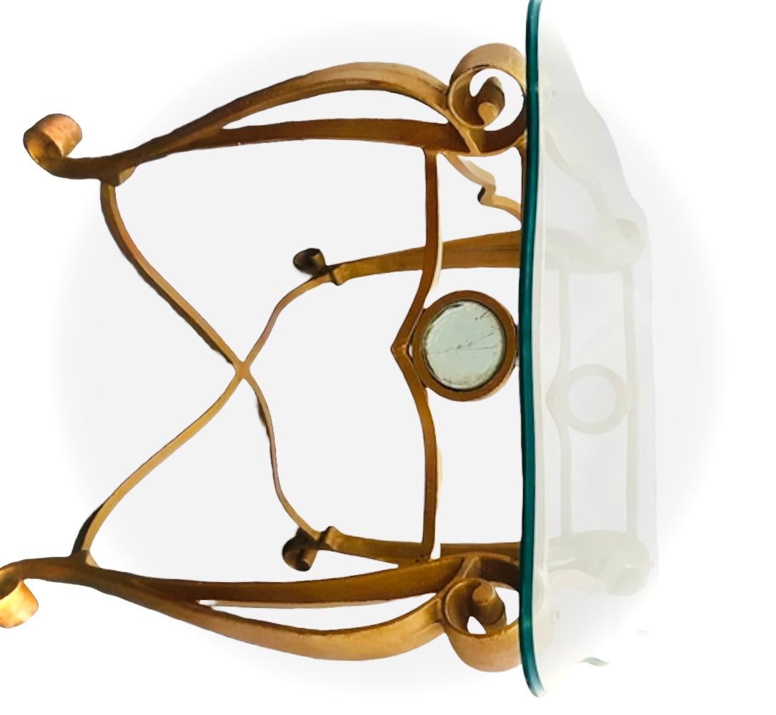 Gilt finished wrought iron and glass side table vintage mid century - heavy!