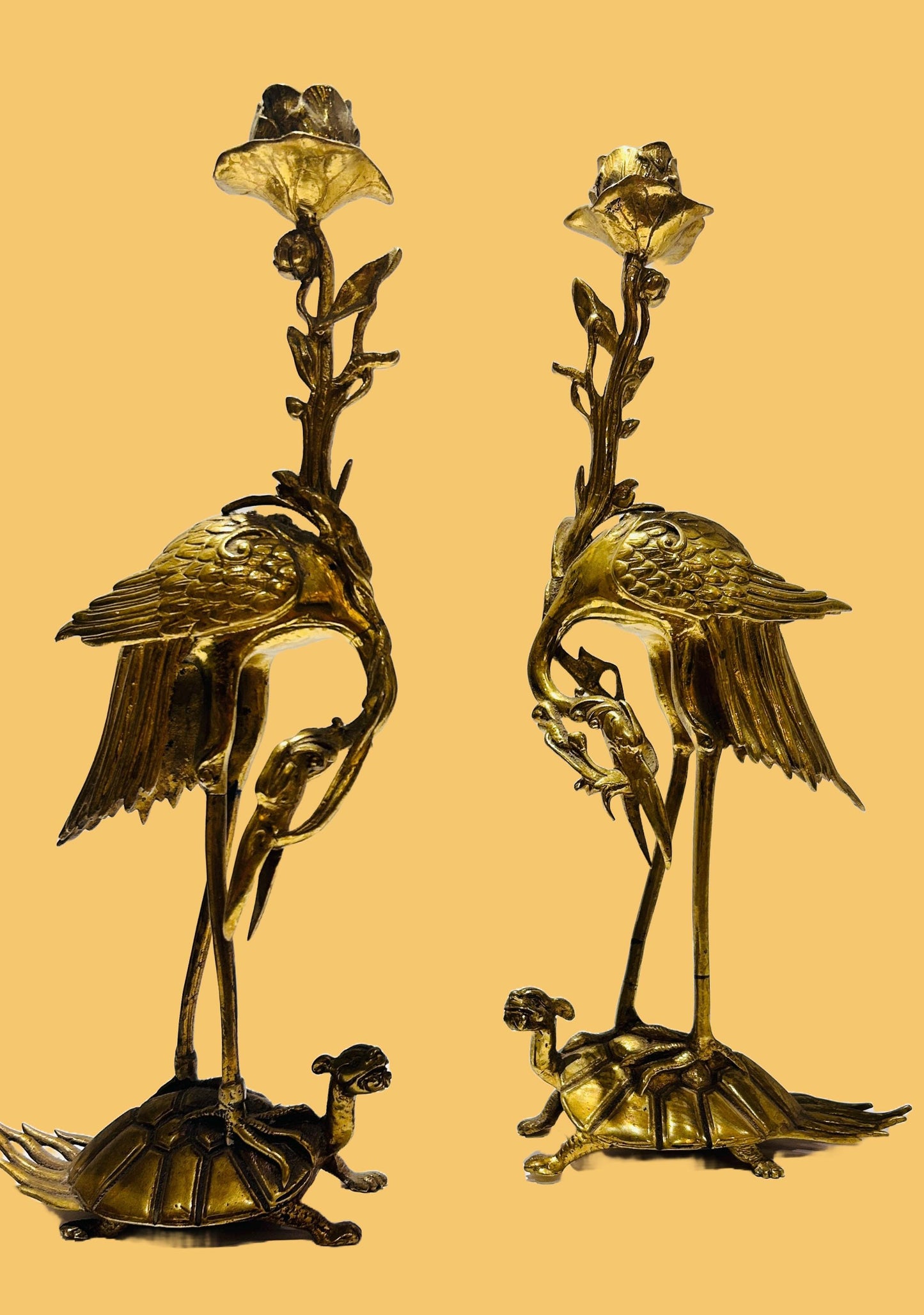 Meiji Antique Bronze Japanese Candlesticks, a Pair -. Meiji Gilt Metal Japanese Candlesticks — Antique 19th‑Century Pair