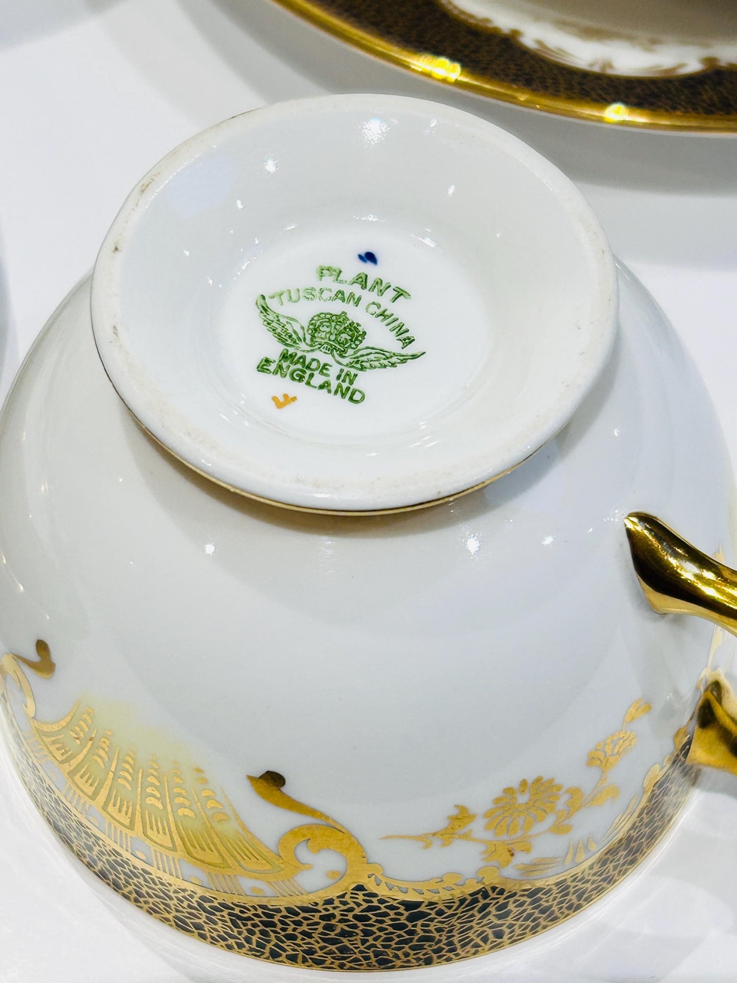 Tuscan Plant green backstamp – Made in England, 1930s vintage bone china, confirming authenticity and collectible quality.