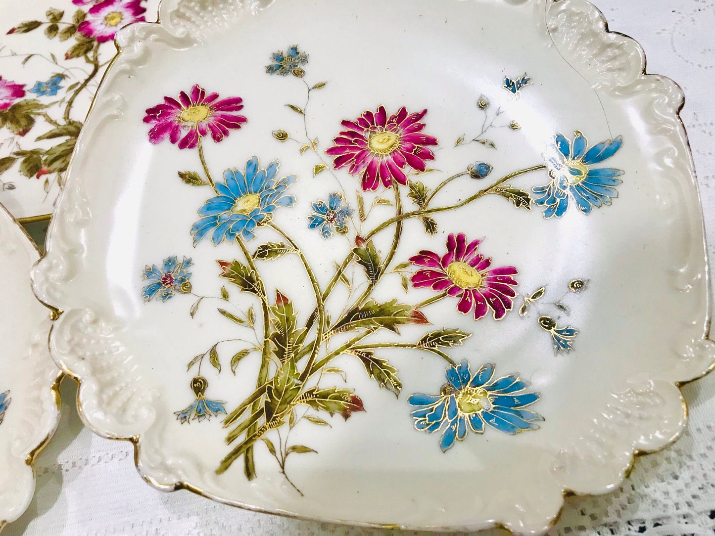 6 hand painted vintage plates pink blue flowers