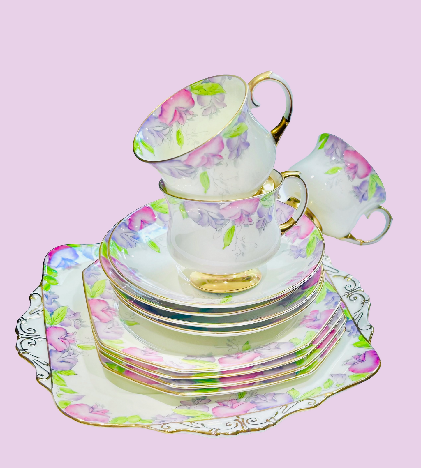 Paragon China Pink Floral Teacups & Saucers Pink Purple Set