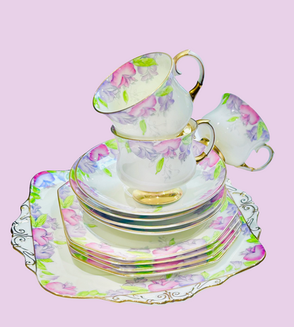 Paragon China Pink Floral Teacups & Saucers Pink Purple Set