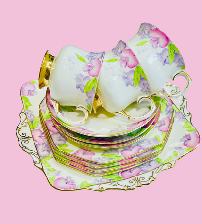 Paragon China Pink Floral Teacups & Saucers Pink Purple Set