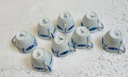 Danmark  Bing Grondahl China Cups and Saucers White Blue Empire Pattern Vintage  from Denmark