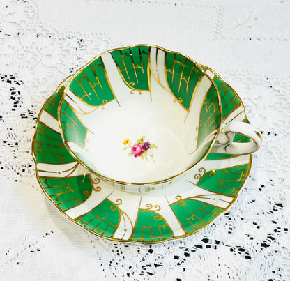 Radfords Bone China Teacup & Saucer with Green Panels, Gold Gilt, Floral Interior – Vintage