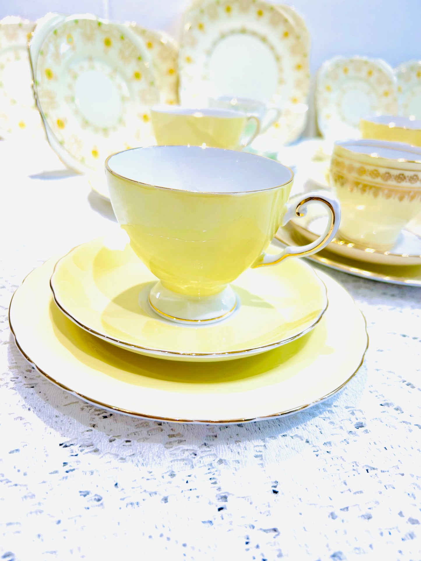 Mismatched vintage yellow tea set, perfect for an afternoon tea. Includes beautiful pieces by Tuscan and Royal Grafton China