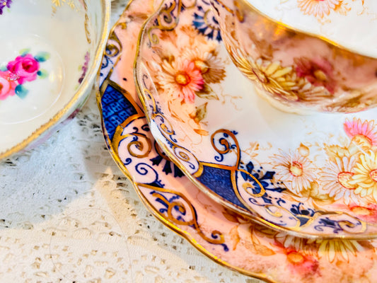 rare Caulfield China - a  pink, blue and gold filigree floral antique teacup, saucer & tea plate with fluted edges made in Glasgow, Scotland 19th century.