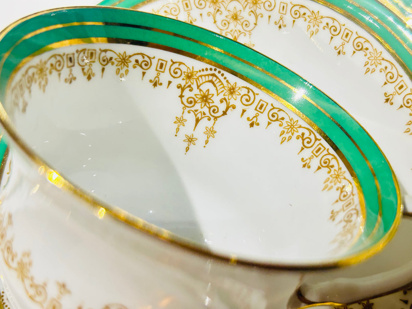 Aynsley Bone China Teacup Set – Vintage Emerald Green & Gold Filigree | Made in England