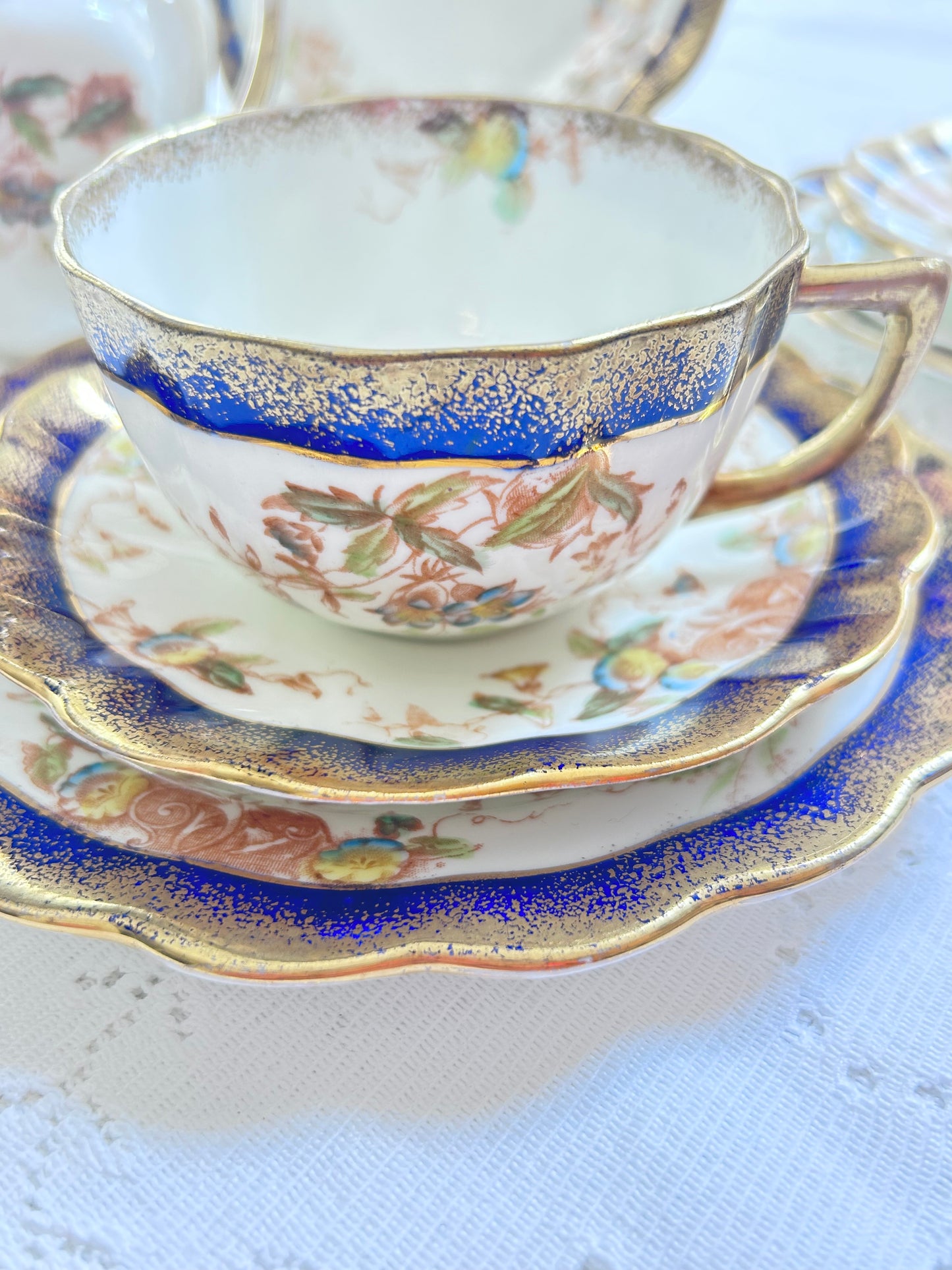 Victorian Fine China Tea Set – Pastel Floral with Blue & Gold Accents