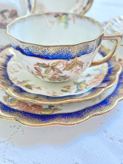 Victorian Fine China Tea Set – Pastel Floral with Blue & Gold Accents