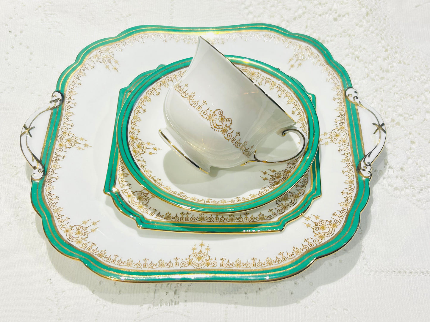Rare Aynsley China Tea Set Vintage English Bone China, Green Accents c.1930