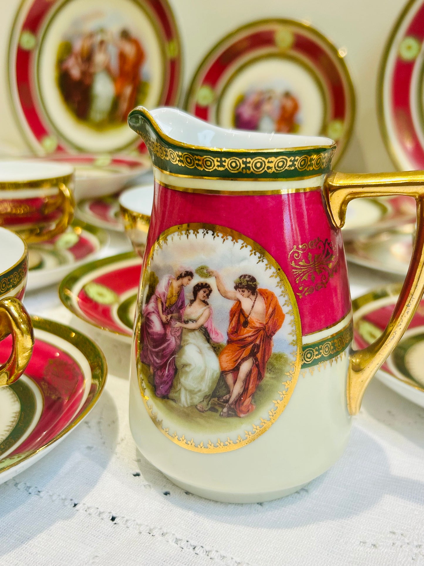 Mid‑Century APIRAG EPIAG Tea Set – Czechoslovakia Porcelain, Gold Gilt, Romantic Courting Scene