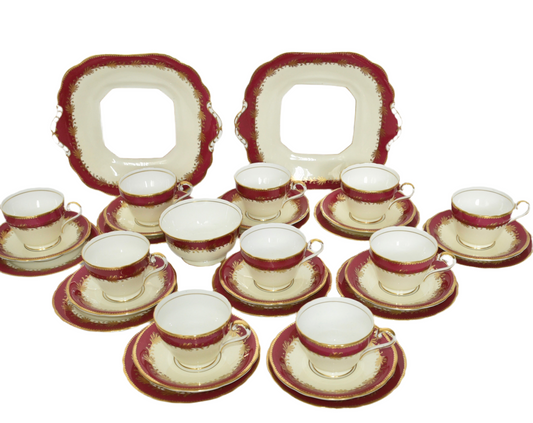 Aynsley Tea Set for 10 People Cranberry & Gold Teacups & Saucers