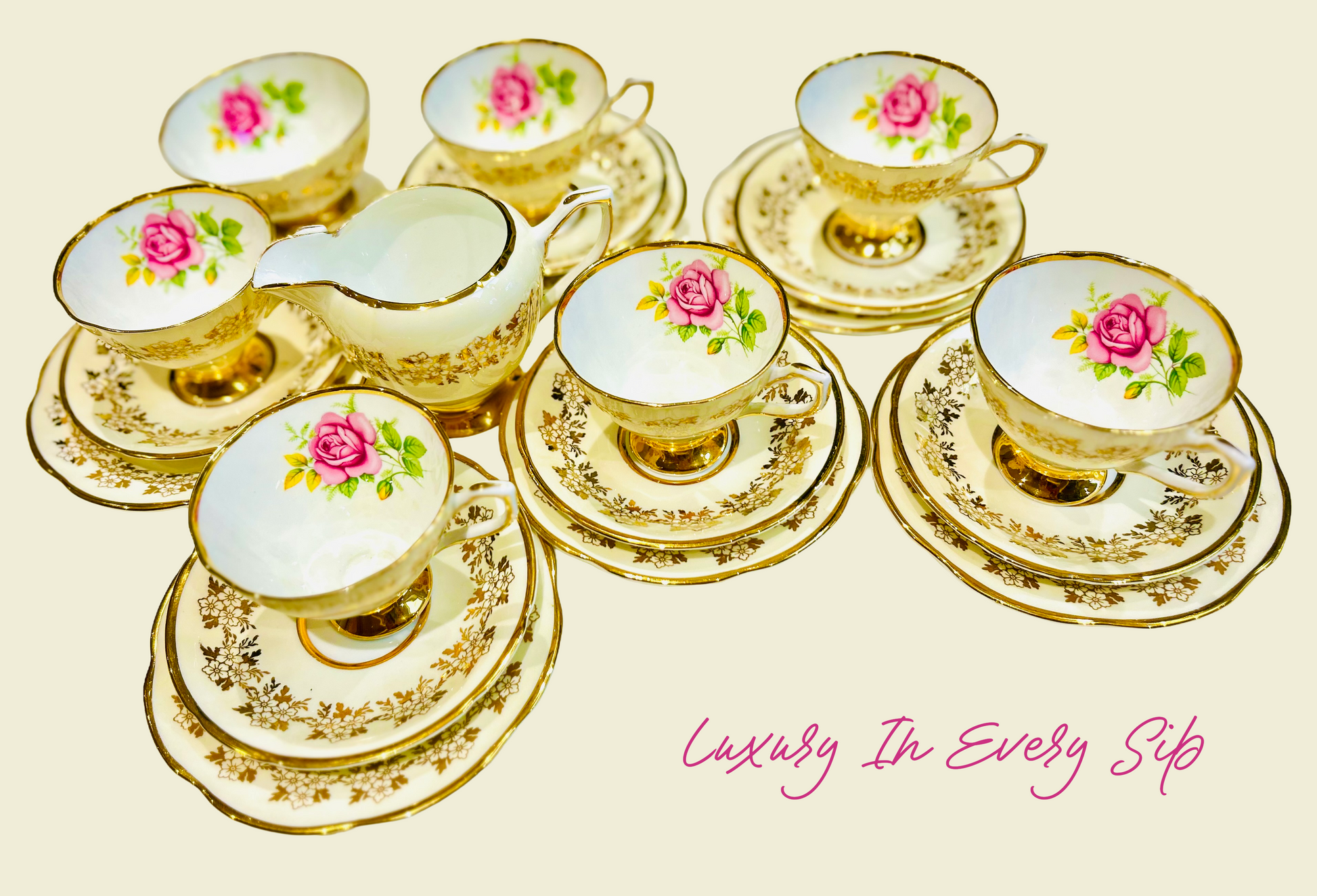 Timeless Vintage Clare China Tea Set with Pink Roses & Gold Edging – Made in England