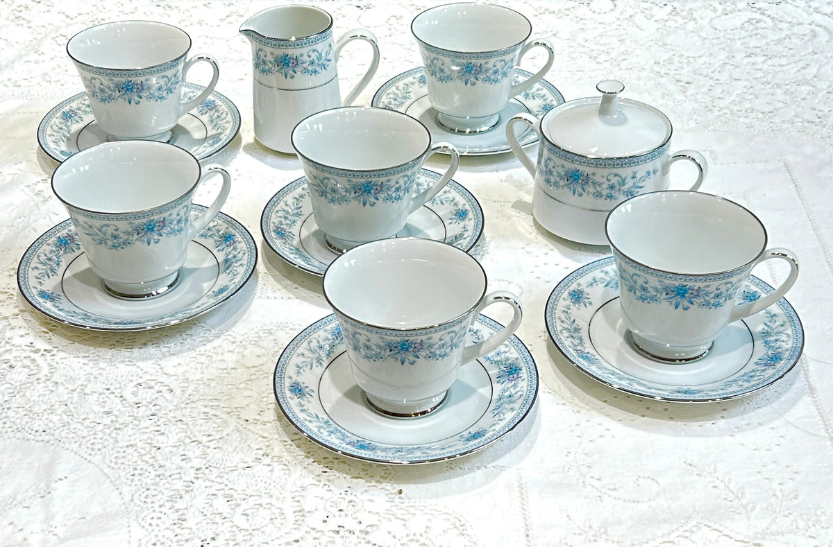 Vintage Noritake Bone  China Tea Set - Blue Hill Teacups & Saucers