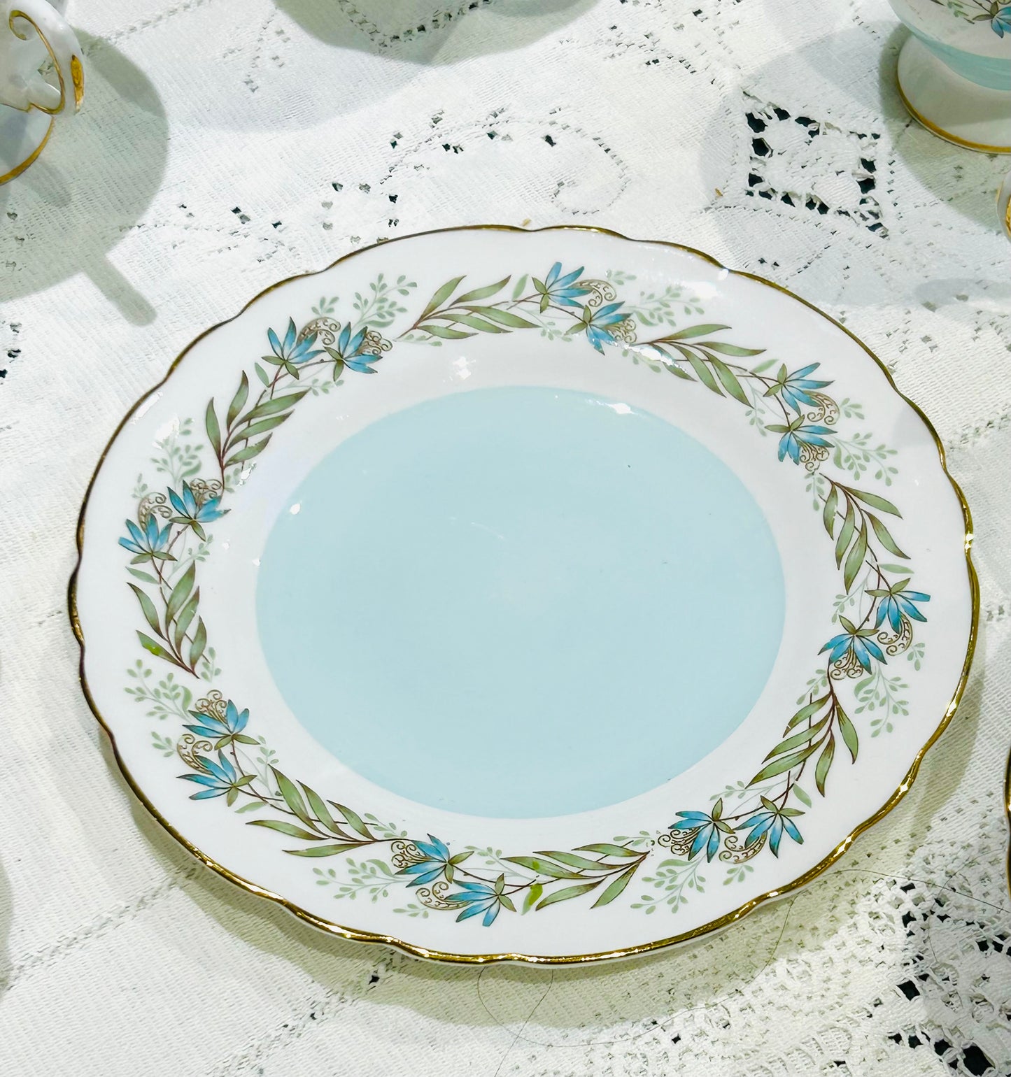 Tuscan China Teacup Trio – Mid‑Century Vintage Tea Set – “Fresco” Pattern - White & Duck Egg Blue Bone China
