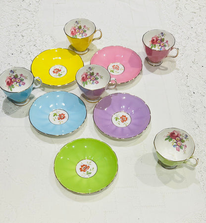 Rainbow Cups & Saucers Vintage China Set by Adderley - Floral  Mix Set
