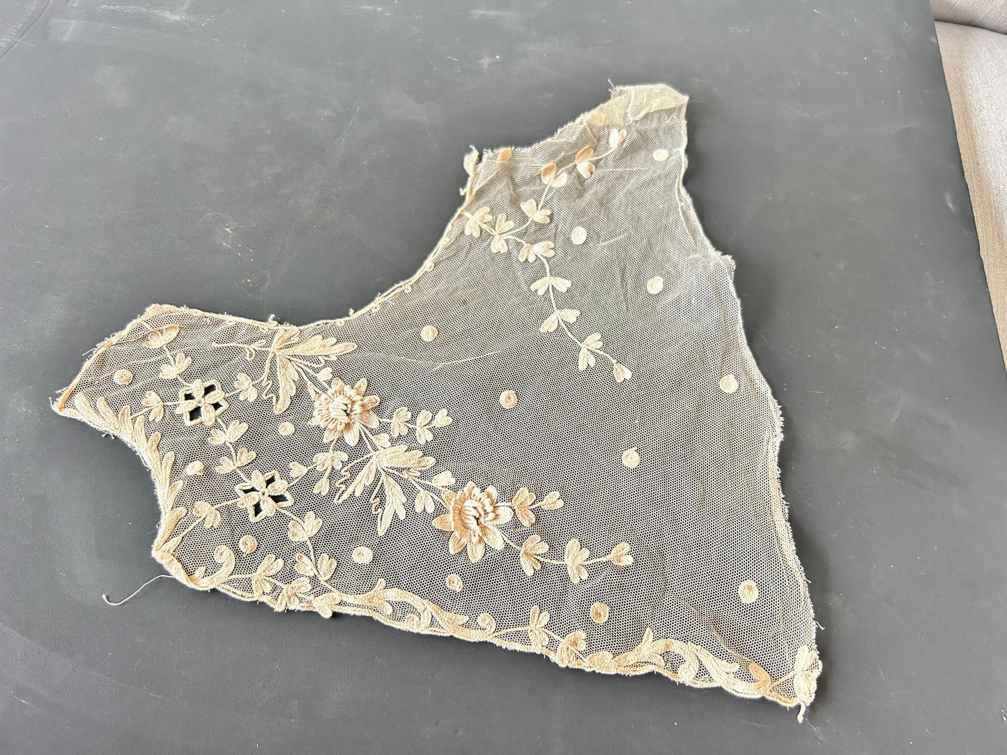 Vintage Floral Embroidered Lace Panel – Scalloped Mesh, Beige Threadwork, Textile Art