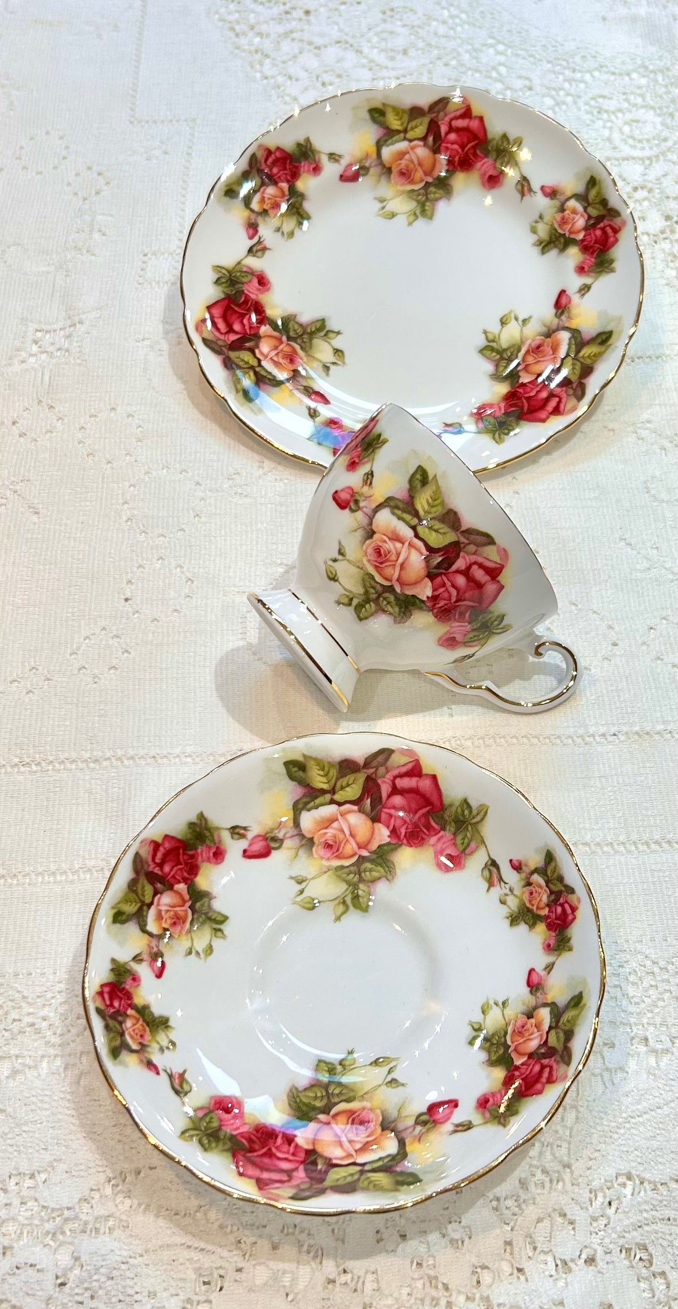 Tuscan Pink Rose Teacup Trio