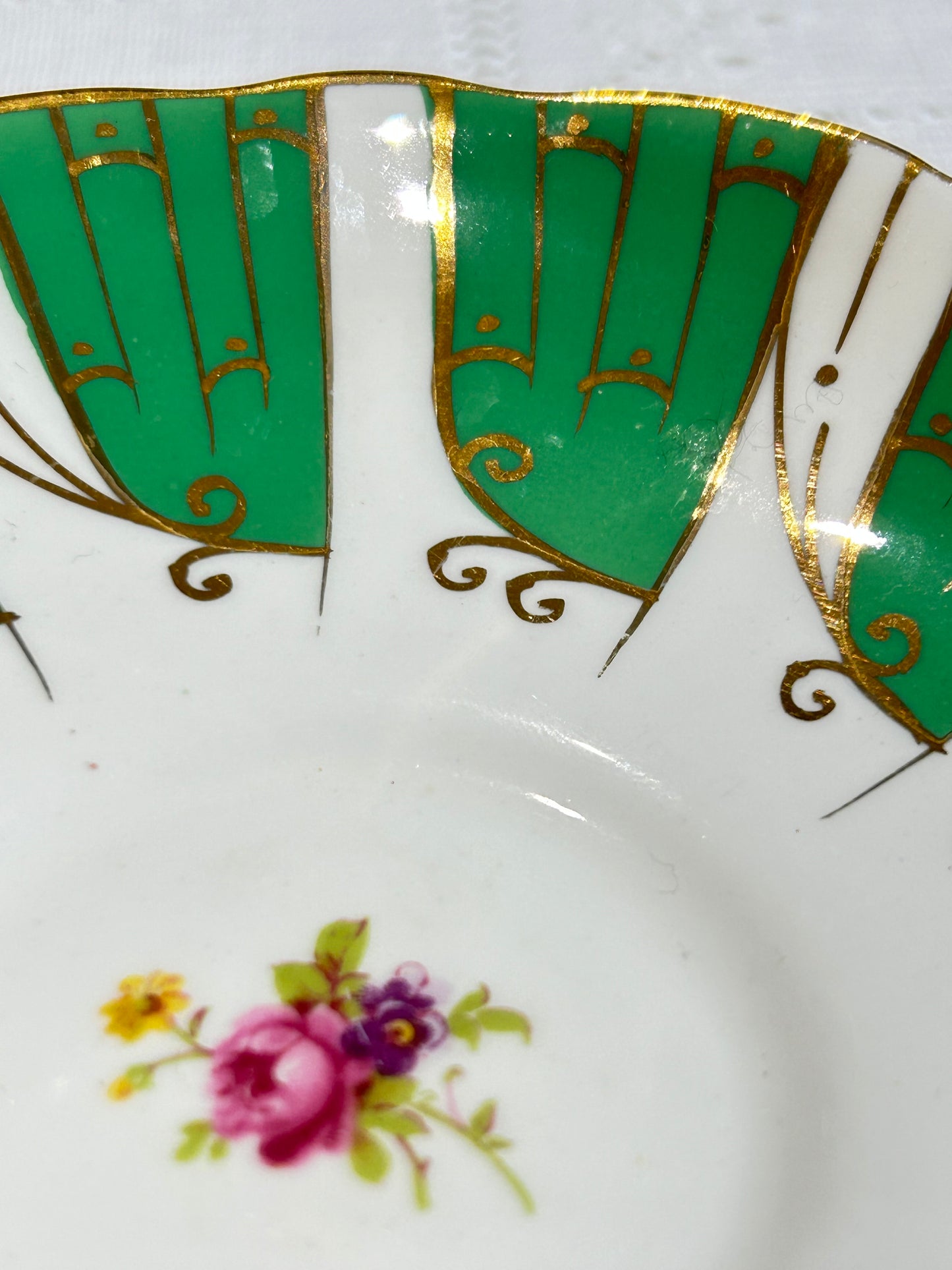 Radfords Bone China Teacup & Saucer with Green Panels, Gold Gilt, Floral Interior – Vintage