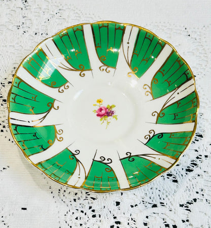 Radfords Bone China Teacup & Saucer with Green Panels, Gold Gilt, Floral Interior – Vintage