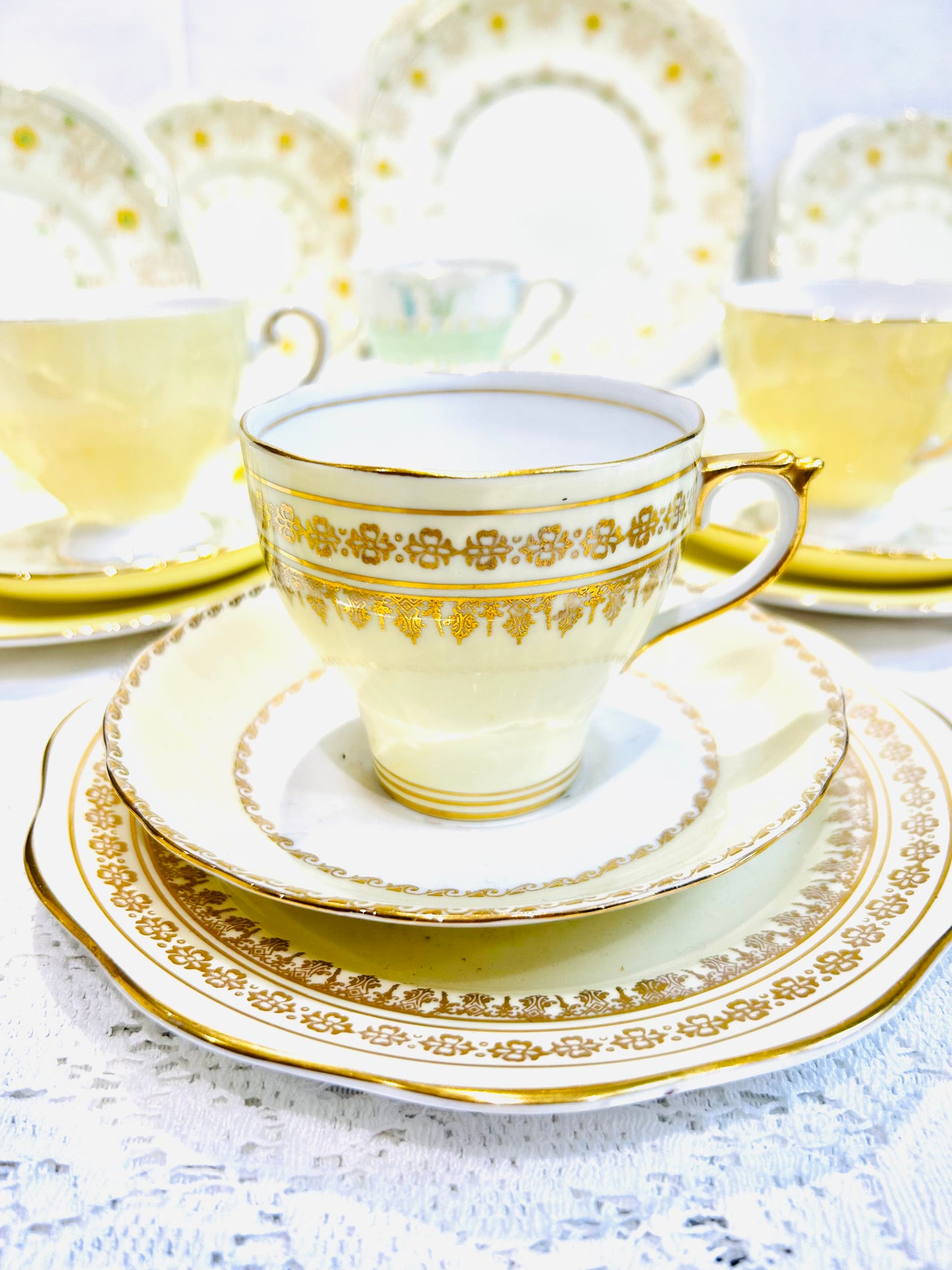 Mismatched vintage yellow tea set, perfect for an afternoon tea. Includes beautiful pieces by Tuscan and Royal Grafton China