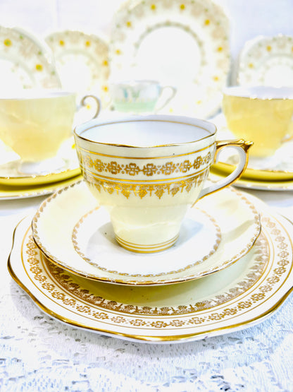 Mismatched vintage yellow tea set, perfect for an afternoon tea. Includes beautiful pieces by Tuscan and Royal Grafton China