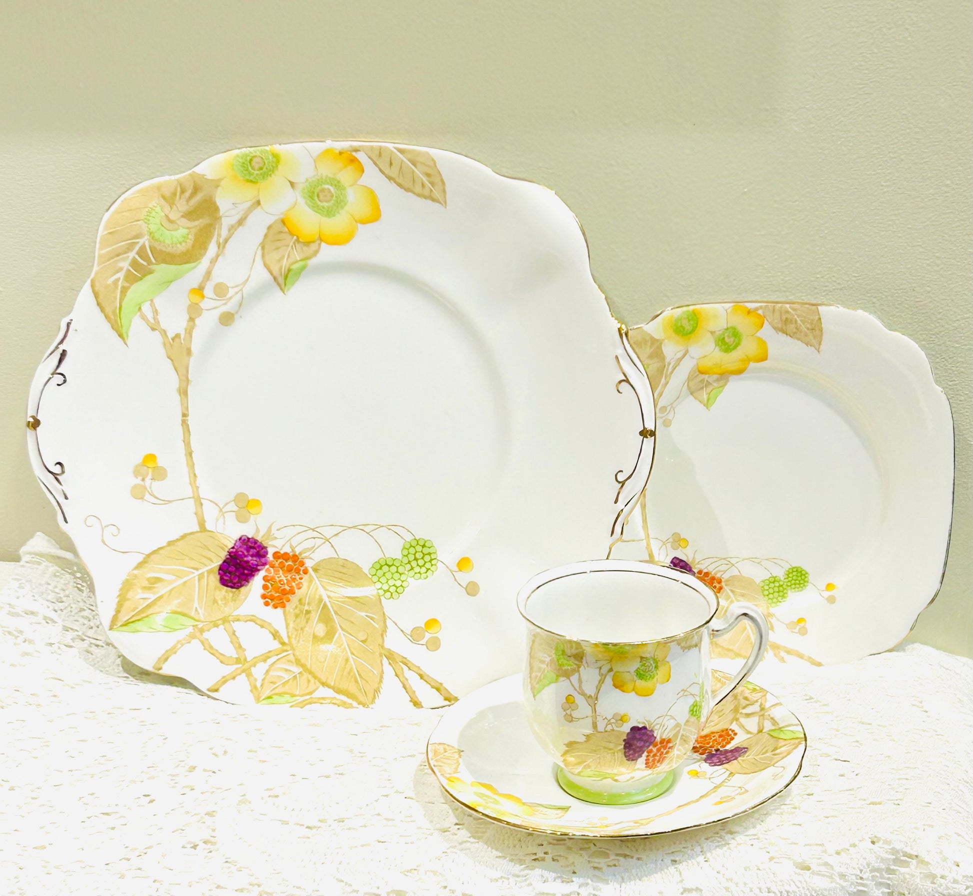 Vintage 4 Piece Tea Set "Bramble" English Afternoon Tea Party Teacup Trio Set & Cake Plate