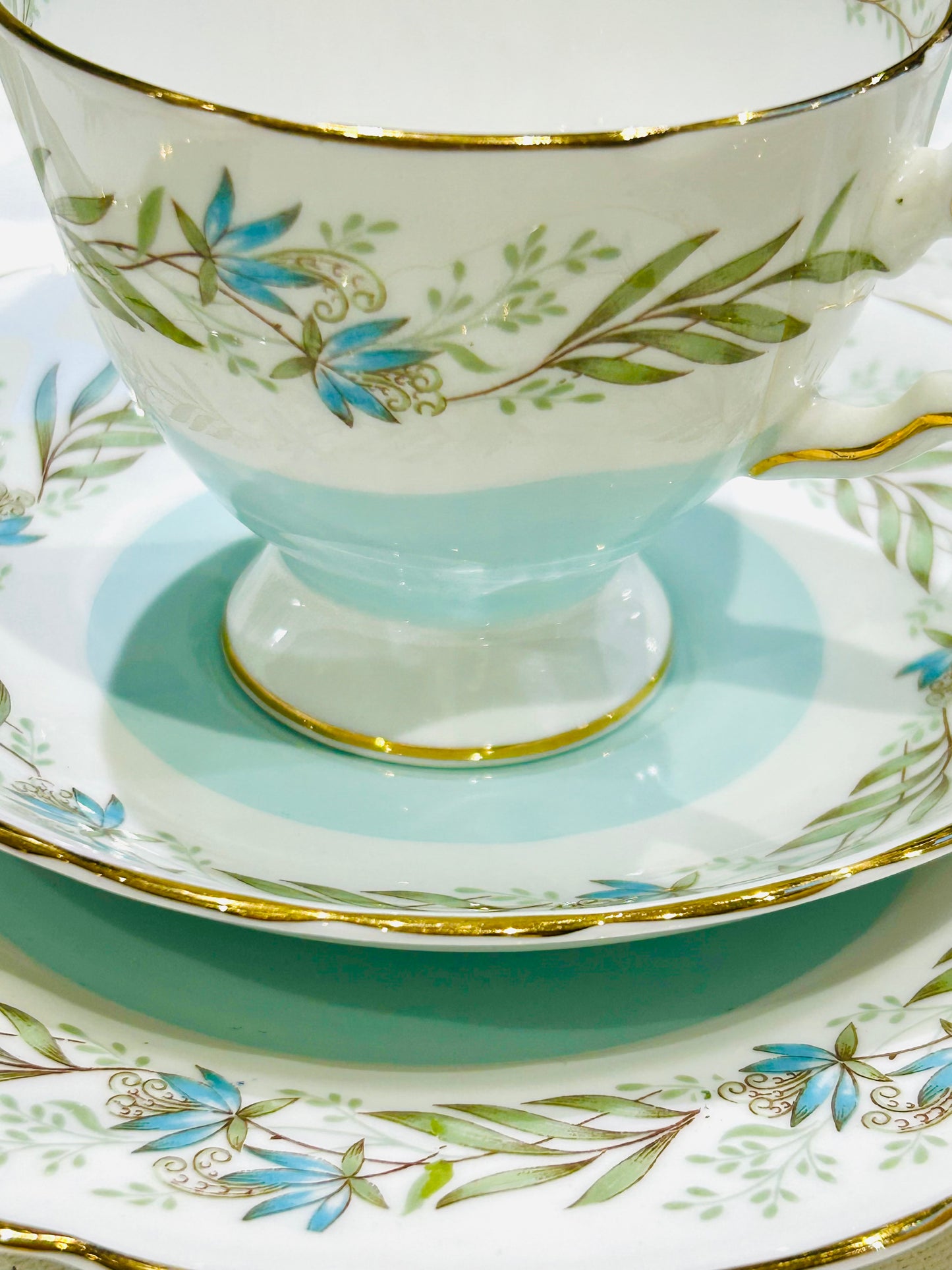 Tuscan China Teacup Trio – Mid‑Century Vintage Tea Set – “Fresco” Pattern - White & Duck Egg Blue Bone China