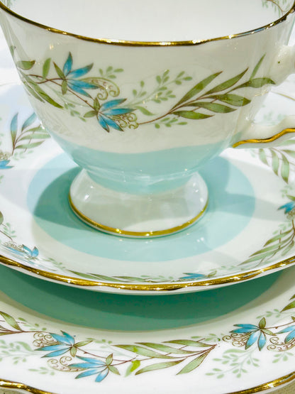 Tuscan China Teacup Trio – Mid‑Century Vintage Tea Set – “Fresco” Pattern - White & Duck Egg Blue Bone China