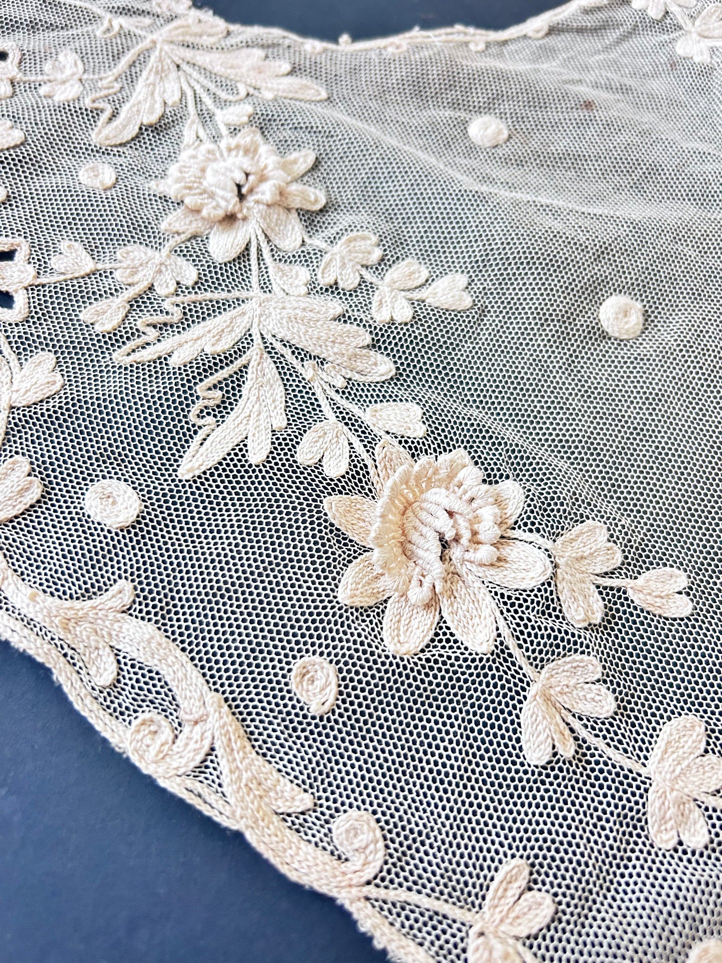 Vintage Floral Embroidered Lace Panel – Scalloped Mesh, Beige Threadwork, Textile Art