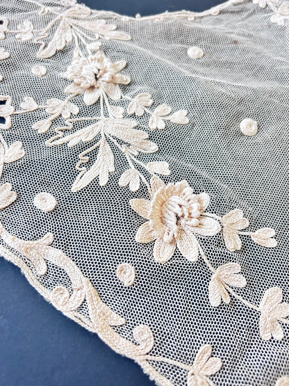 Vintage Floral Embroidered Lace Panel – Scalloped Mesh, Beige Threadwork, Textile Art